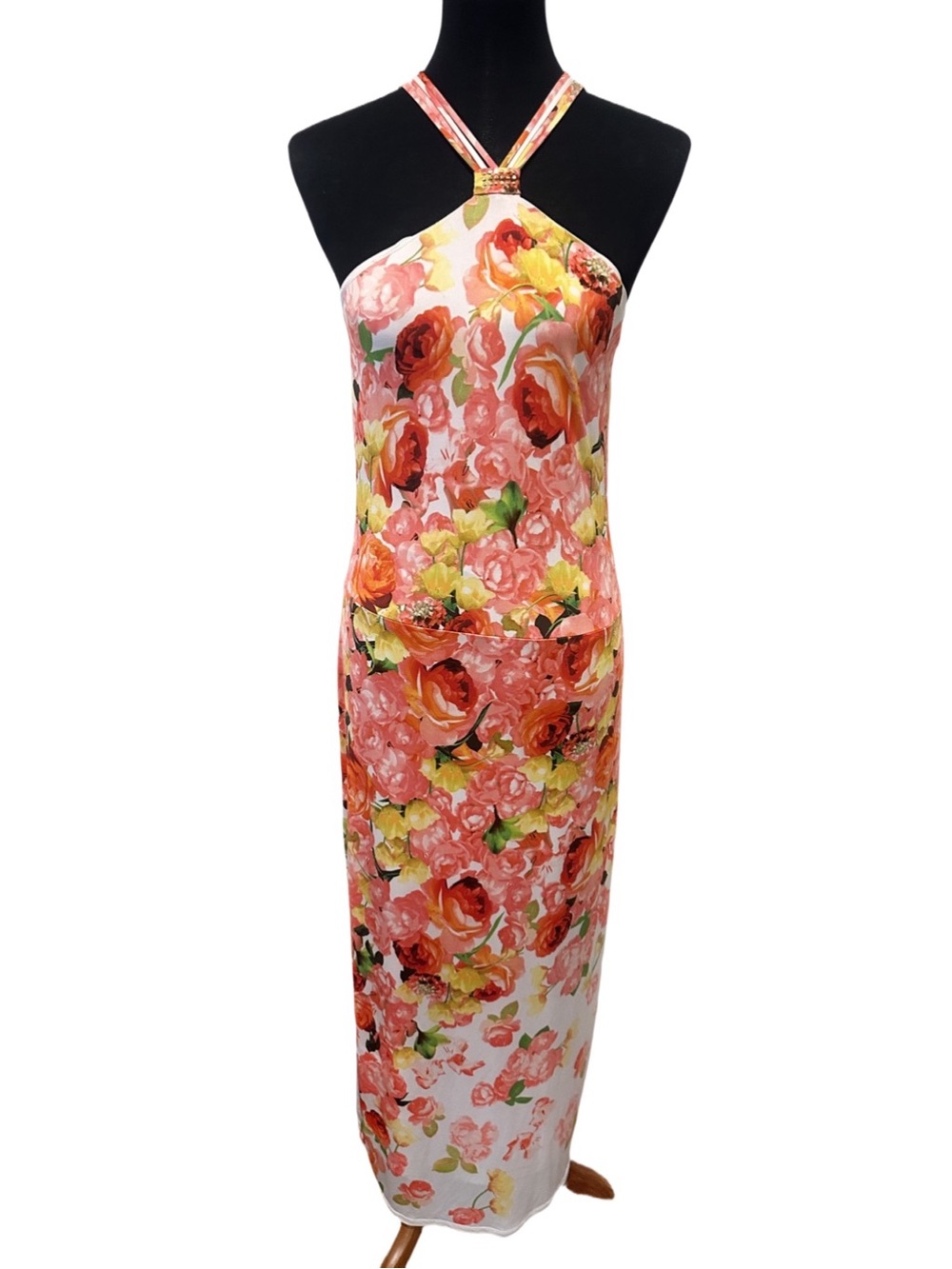 Cache Floral Halter Maxi Dress in Coral, Yellow & Green
